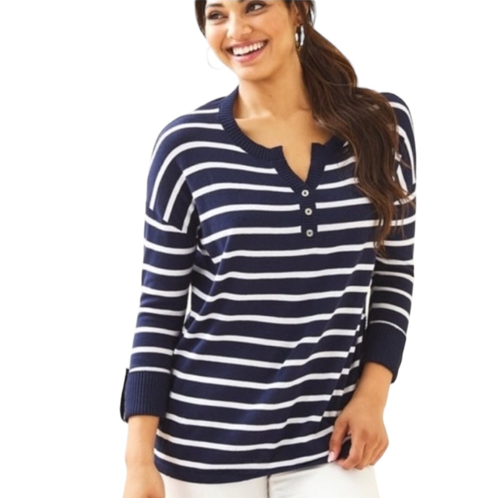 Lilly Pulitzer Faraway Navy Blue & White Striped Lightweight Knit Sweater - L